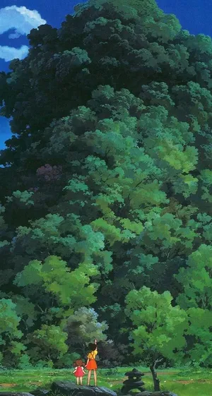 A Painting Of Two People Standing In Front Of A Tree Wallpaper