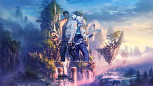 A Painting Of Two People Standing On A Mountain Wallpaper