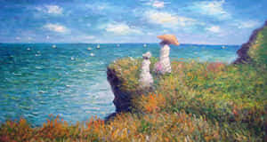 A Painting Of Two Women On A Cliff Overlooking The Ocean Wallpaper