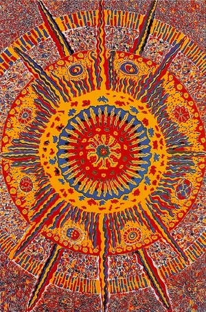 A Painting With A Red, Yellow And Blue Design Wallpaper