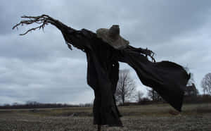 A Pair Of Traditional Black And White Scarecrows Placed On Bales Of Straw Wallpaper
