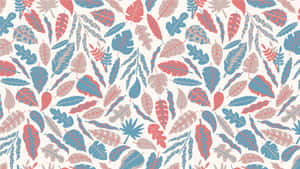 A Pattern Of Leaves In Blue, Pink And Red Wallpaper