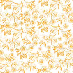 A Pattern With Bees And Flowers On White Wallpaper