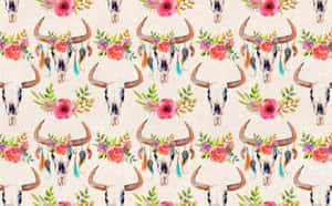 A Pattern With Cow Skulls And Flowers Wallpaper