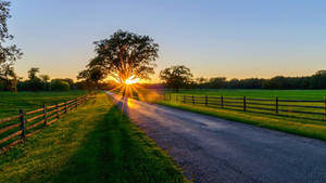 A Peaceful Path Through The Countryside During A Stunning Sunrise. Wallpaper