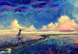 A Person Riding A Bicycle In The Field Wallpaper
