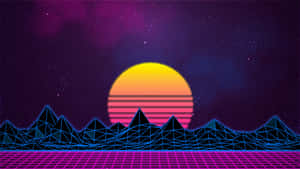 A Pink And Purple Background With A Sun And Mountains Wallpaper