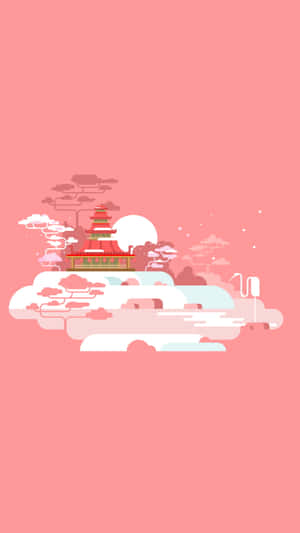 A Pink Background With A Pink Building And Clouds Wallpaper