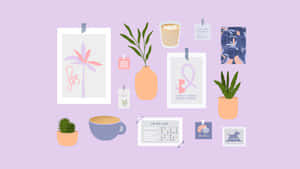 A Pink Background With A Plant, A Clock, And Other Items Wallpaper