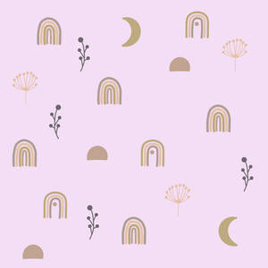 A Pink Background With A Rainbow, Moon And Flowers Wallpaper