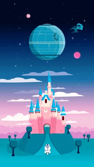 A Pink Castle With A Star Wars Ship In The Sky Wallpaper
