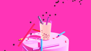 A Pink Cup With A Straw And Bubble Tea Wallpaper