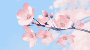 A Pink Flower Branch With Blue Sky Behind It Wallpaper