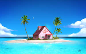 A Pink House On An Island With Palm Trees Wallpaper