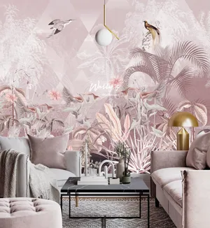 A Pink Living Room With A Pink Wall Wallpaper