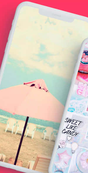 A Pink Phone With A Pink Umbrella And A Pink Umbrella Wallpaper