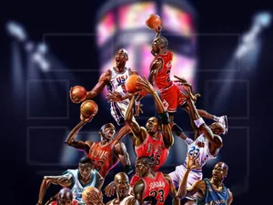 A Poster With Many Basketball Players In The Background Wallpaper