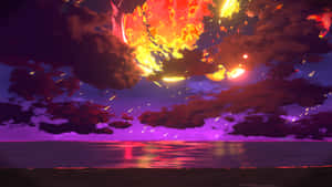 A Purple And Orange Sky With A Fire In The Background Wallpaper