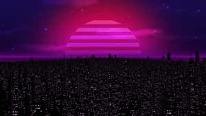 A Purple And Pink Cityscape With A Purple Sun Wallpaper