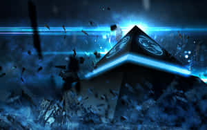 A Pyramid With A Blue Light Shining Through It Wallpaper