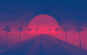 A Road With Palm Trees And A Sunset Wallpaper