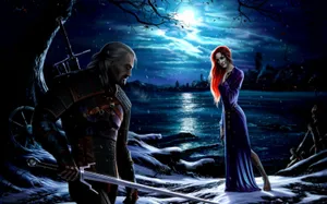 A Romantic Evening By The Lake With Geralt And Triss In The Witcher 3. Wallpaper