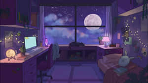 A Room With A Desk, A Lamp, And A Window Wallpaper