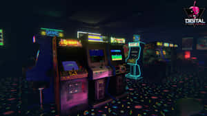 A Room With Several Arcade Machines And Neon Lights Wallpaper