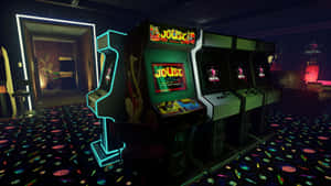 A Room With Several Arcade Machines And Neon Lights Wallpaper