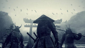 A Samurai Prepares For Battle In Traditional Art Wallpaper