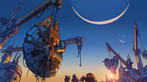 A Scene Of A City With A Large Crane Wallpaper