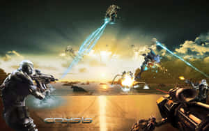 A Screenshot Of A Game With A Gun And Soldiers Wallpaper