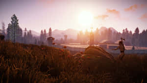 A Screenshot Of A Game With A Sunset In The Background Wallpaper