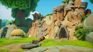 A Screenshot Of A Game With A Tree And Rocks Wallpaper