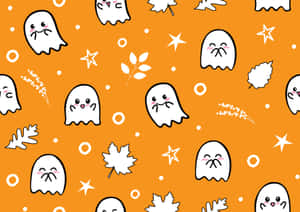 A Seamless Pattern With Ghosts And Leaves On An Orange Background Wallpaper