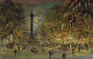 A Serene Impressionist Landscape Featuring Calm Water, A Bridge And Lush Greenery. Wallpaper