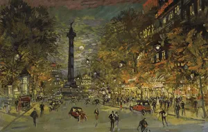 A Serene Impressionist Landscape Featuring Calm Water, A Bridge And Lush Greenery. Wallpaper