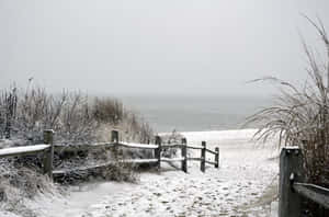 A Serene, Snowy Beach Landscape During Winter. Wallpaper
