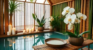 A Serene Spa Setting Featuring A Tranquil Pool, White Orchids, Candles, And Lush Greenery, Creating Wallpaper