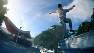 A Skateboarder Is Doing Tricks On A Rail Wallpaper