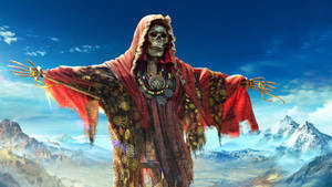 A Skeleton With A Sword In His Hands Is Standing On Top Of A Mountain Wallpaper