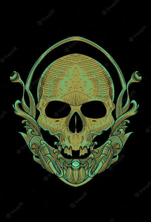 A Skull With A Green And Gold Design On A Black Background Wallpaper