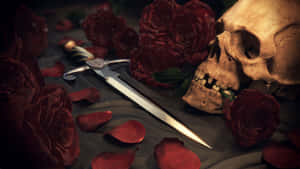 A Skull With A Knife And Roses On It Wallpaper