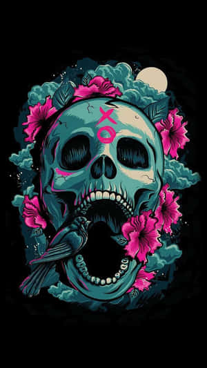 A Skull With Flowers And A Bird On It Wallpaper