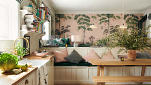 A Small Kitchen With A Bench And A Table Wallpaper