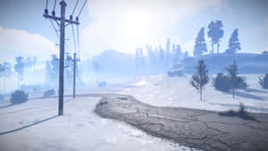 A Snowy Scene With A Road And Power Lines Wallpaper