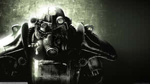 A Soldier In Power Armor From Fallout: Brotherhood Of Steel Stands Guard In A Desolate Wasteland Wallpaper