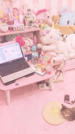 A Spacious And Charming Kawaii-inspired Room Filled With Adorable Plushies, Pastel Colors, And Cute Decorations. Wallpaper