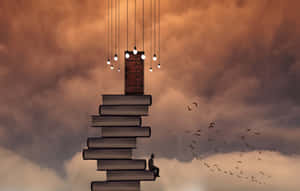 A Stack Of Books With A Person Standing On Top Of Them Wallpaper