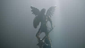 A Statue Of An Angel With A Shield In The Light Wallpaper